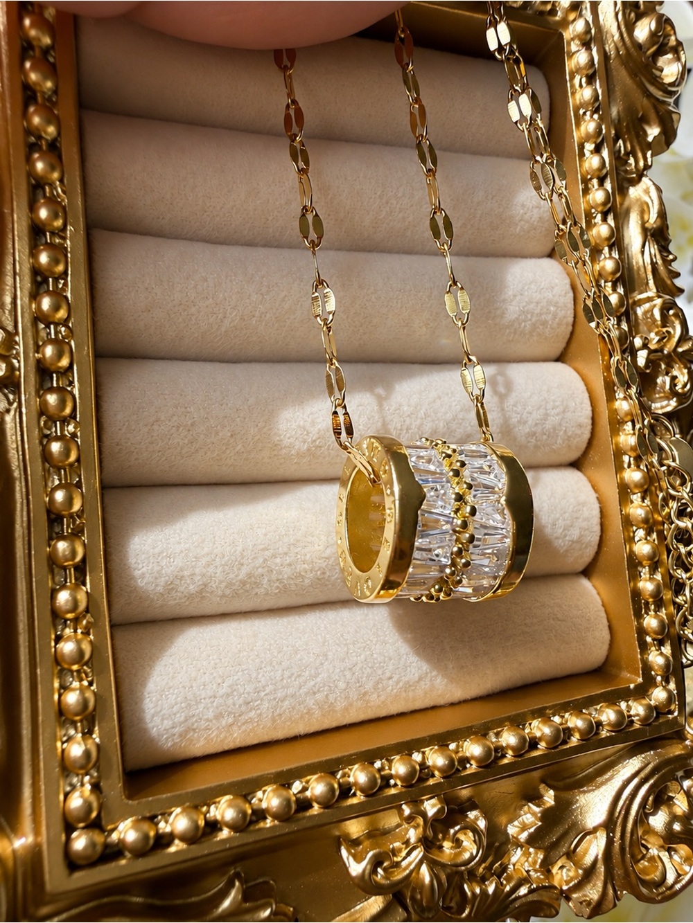 Gold and Clear Crystal Barrel Pendant Necklace